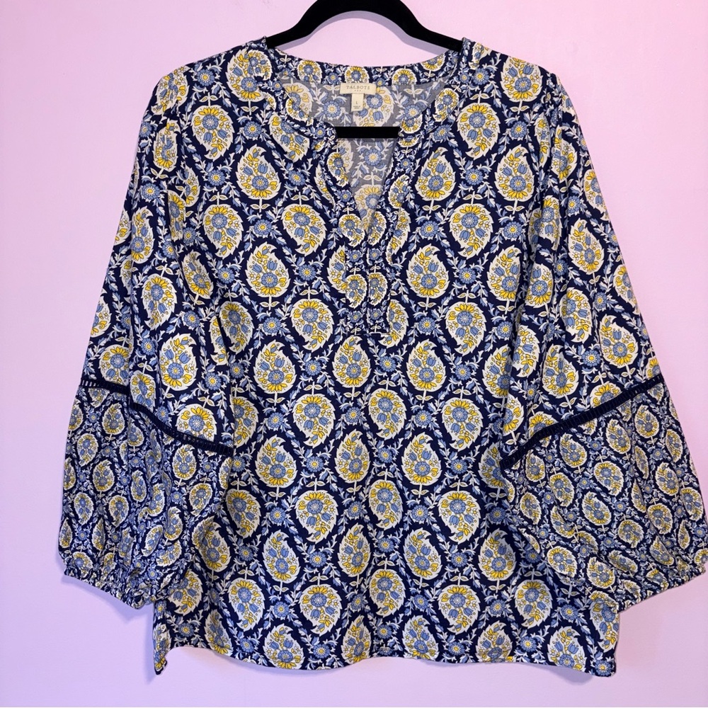 Talbots Bishop Sleeve Cotton Tunic Top Blouse Women L Coastal Office Preppy Boho